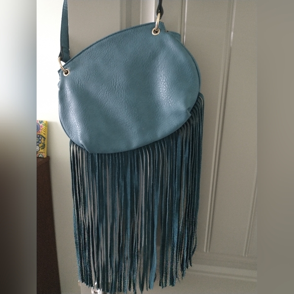 Vieta Fringed Blue Pebbled Leather Crossbody Purse with leather fringe - Picture 5 of 13